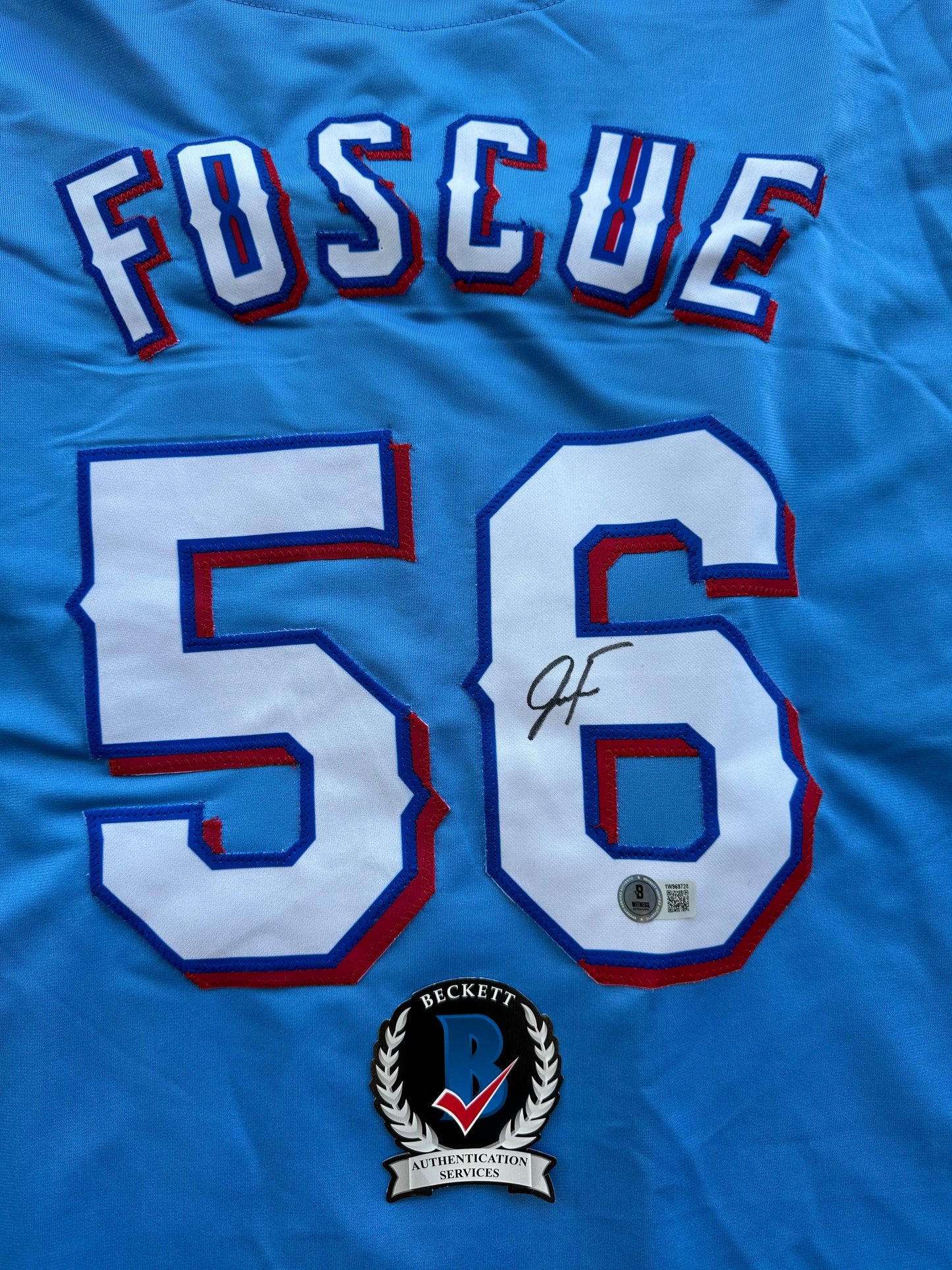JUSTIN FOSCUE TEXAS RANGERS SIGNED Light Blue JERSEY XL BAS COA