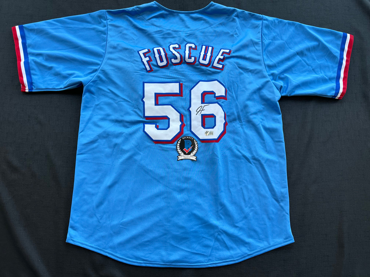 JUSTIN FOSCUE TEXAS RANGERS SIGNED Light Blue JERSEY XL BAS COA