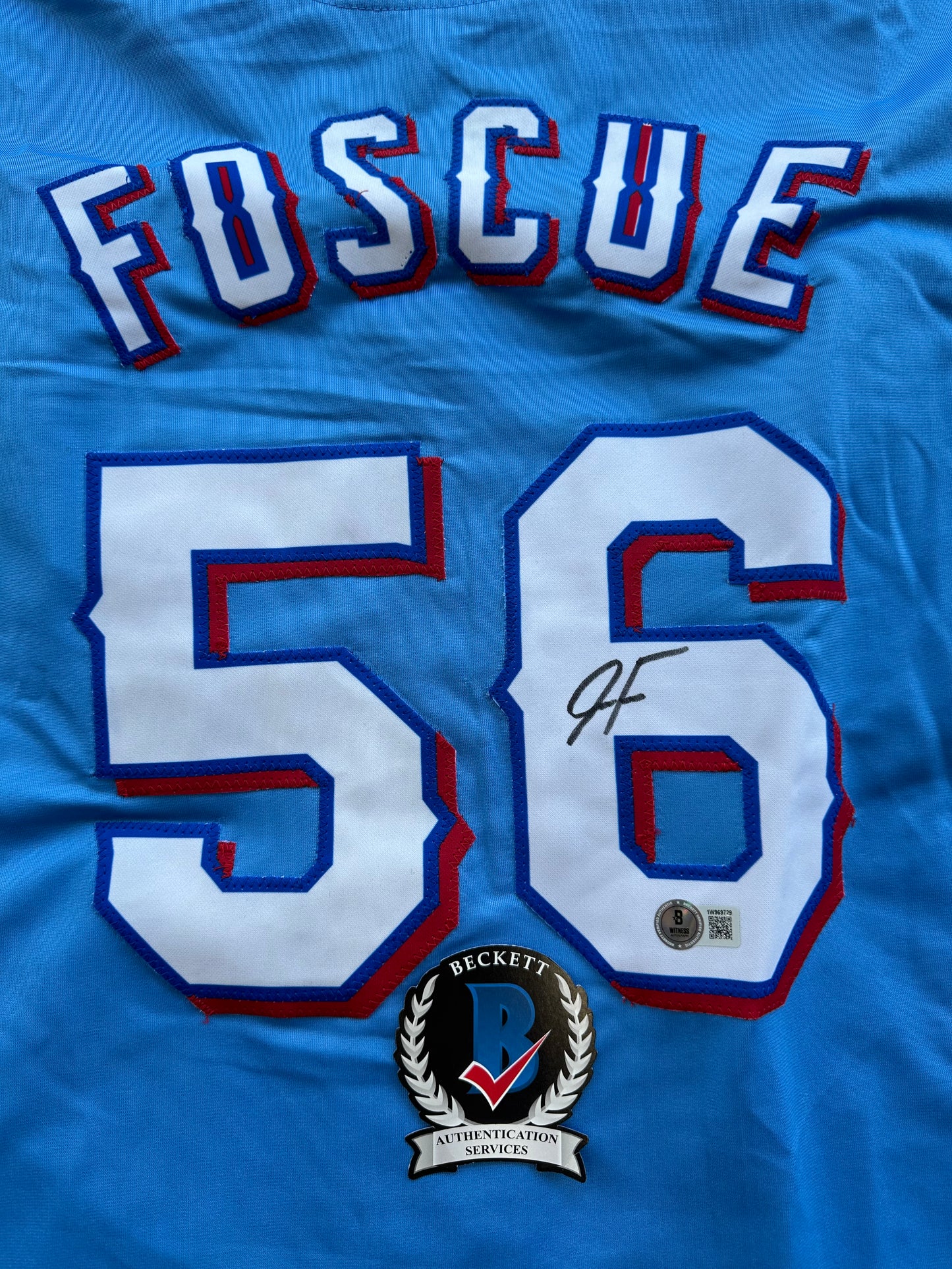 JUSTIN FOSCUE TEXAS RANGERS SIGNED Light Blue JERSEY XL BAS COA