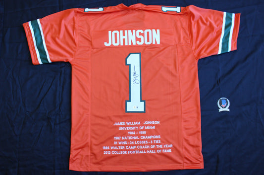 JIMMY JOHNSON SIGNED STAT FOOTBALL JERSEY MIAMI HURRICANES Cowboys BAS COA