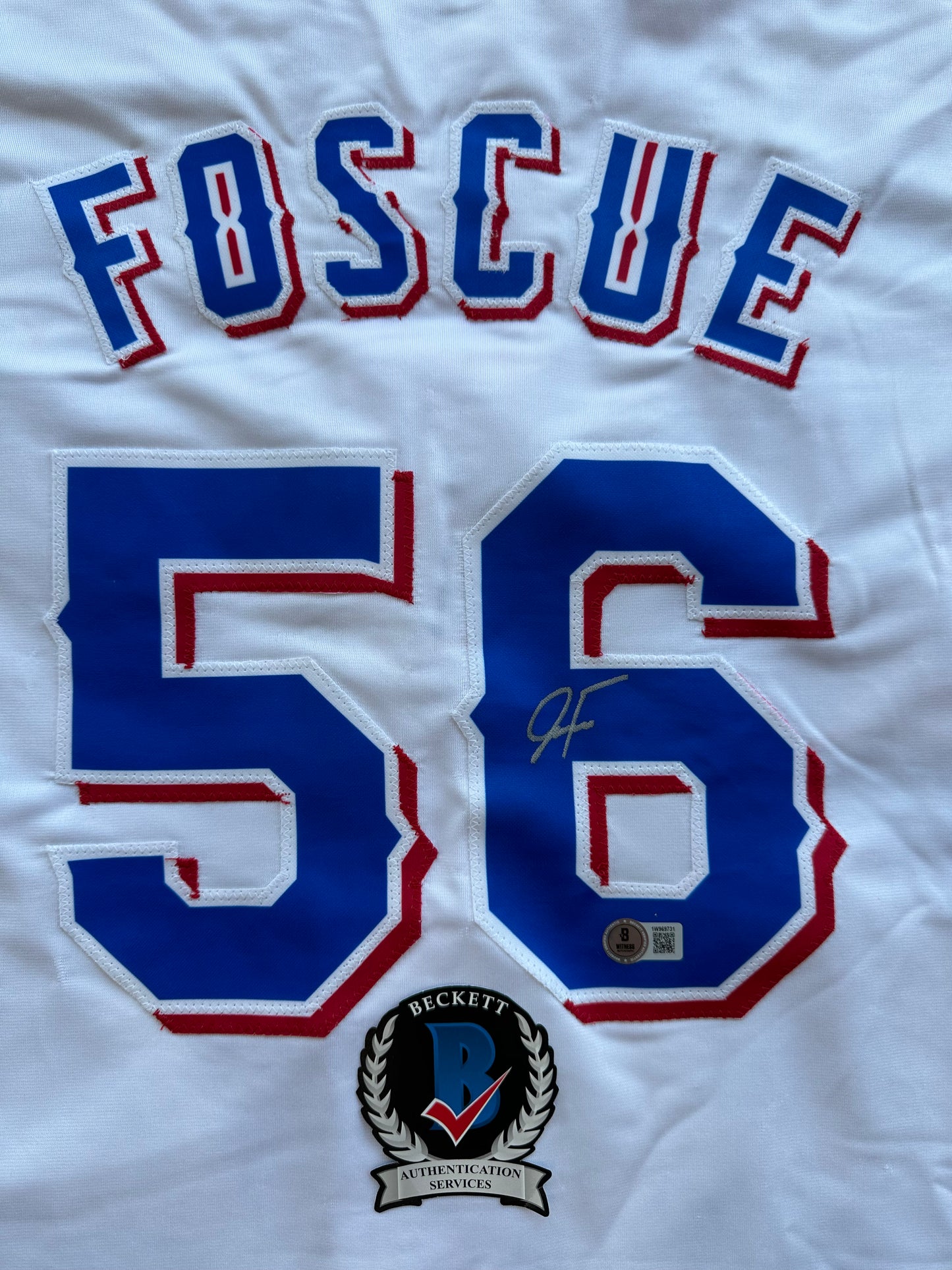 JUSTIN FOSCUE TEXAS RANGERS SIGNED White JERSEY XL BAS COA