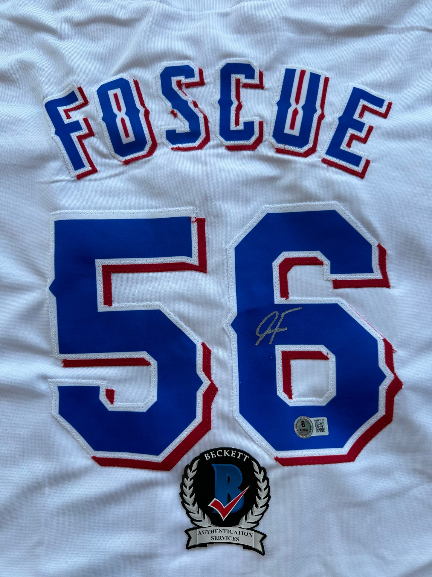 JUSTIN FOSCUE TEXAS RANGERS SIGNED White JERSEY XL BAS COA