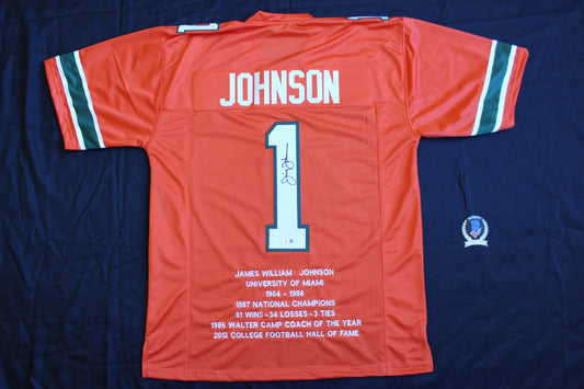 JIMMY JOHNSON SIGNED STAT FOOTBALL JERSEY MIAMI HURRICANES Cowboys BAS COA