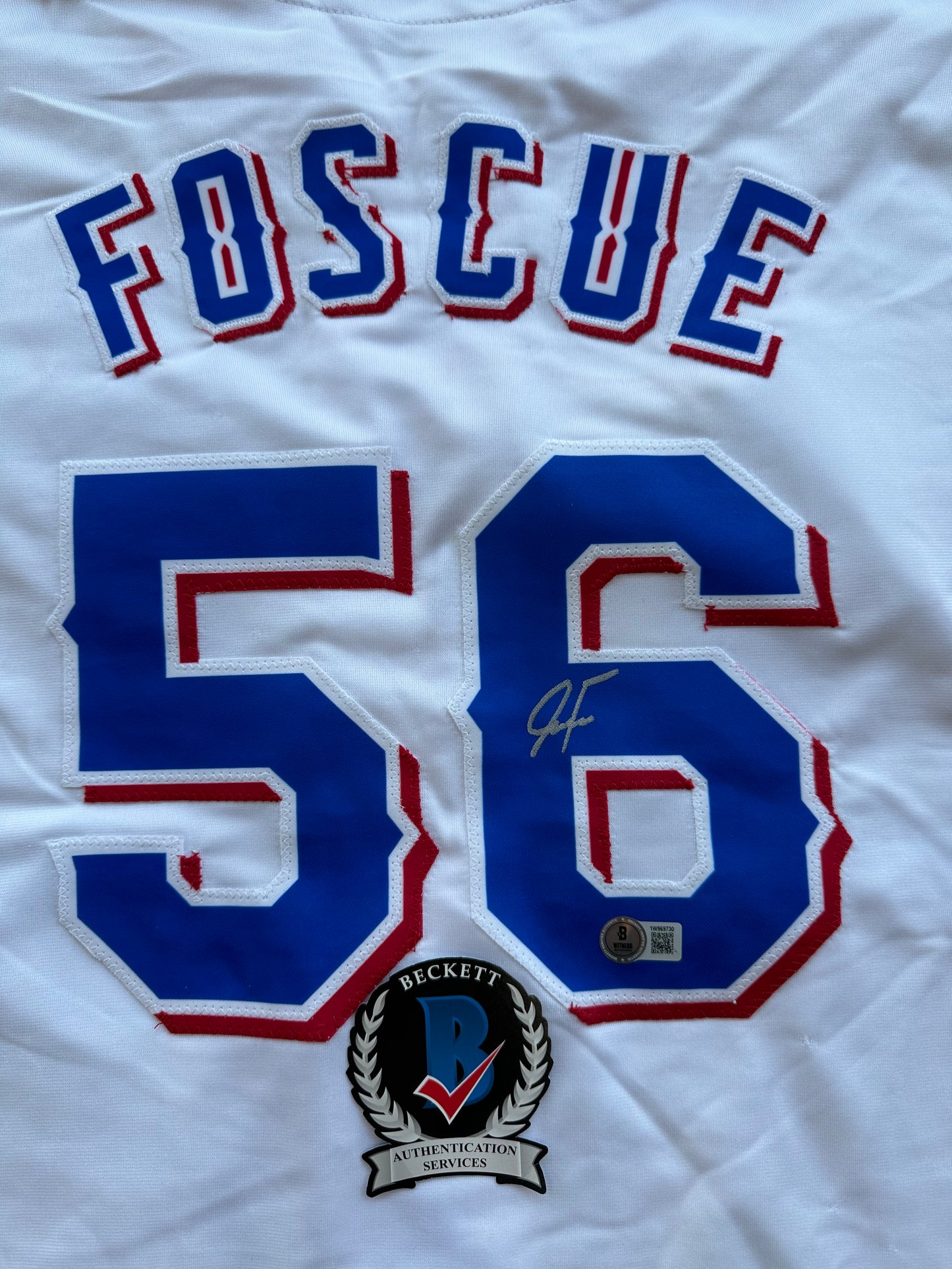 JUSTIN FOSCUE TEXAS RANGERS SIGNED White JERSEY XL BAS COA