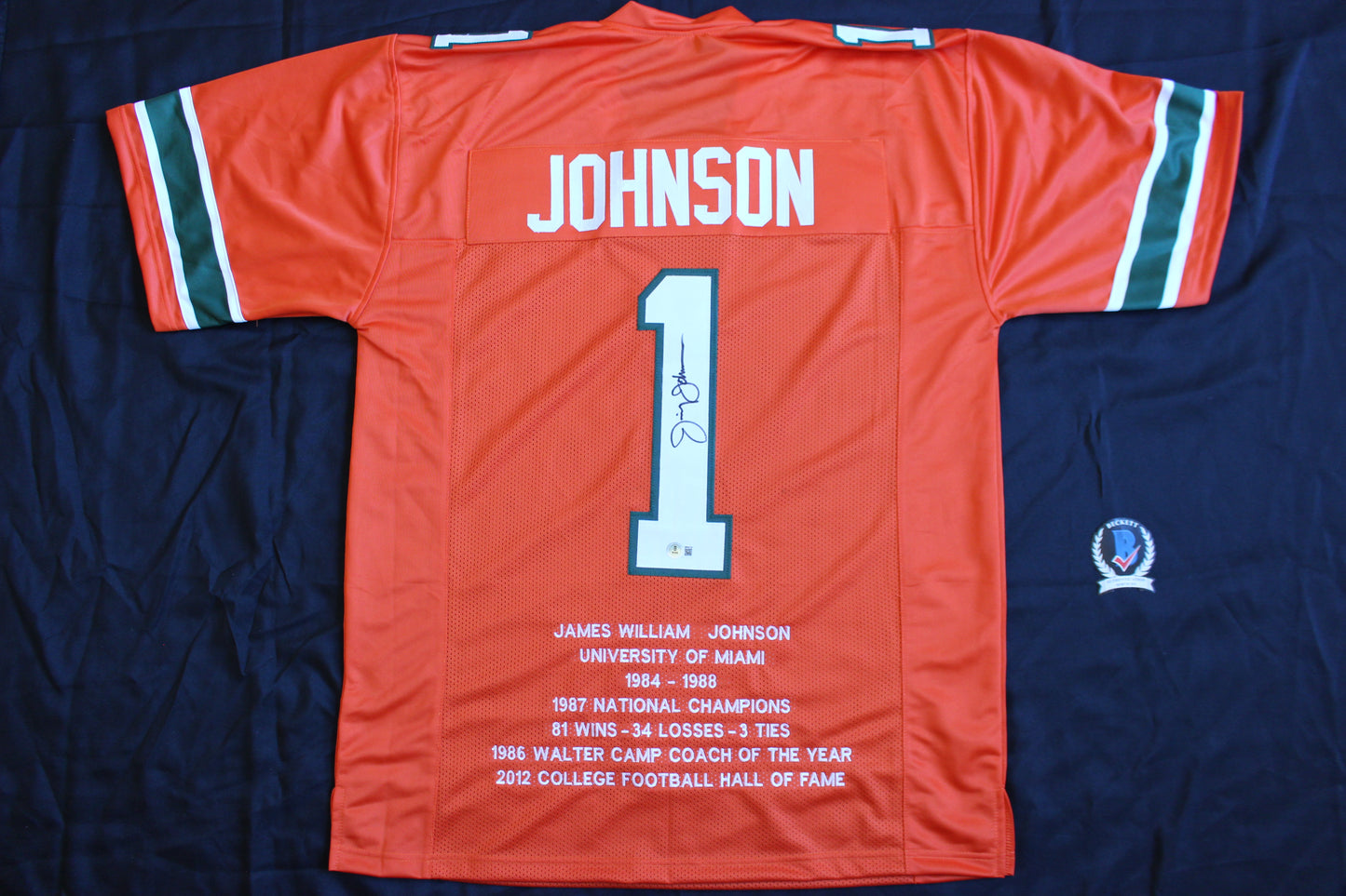 JIMMY JOHNSON SIGNED STAT FOOTBALL JERSEY MIAMI HURRICANES Cowboys BAS COA