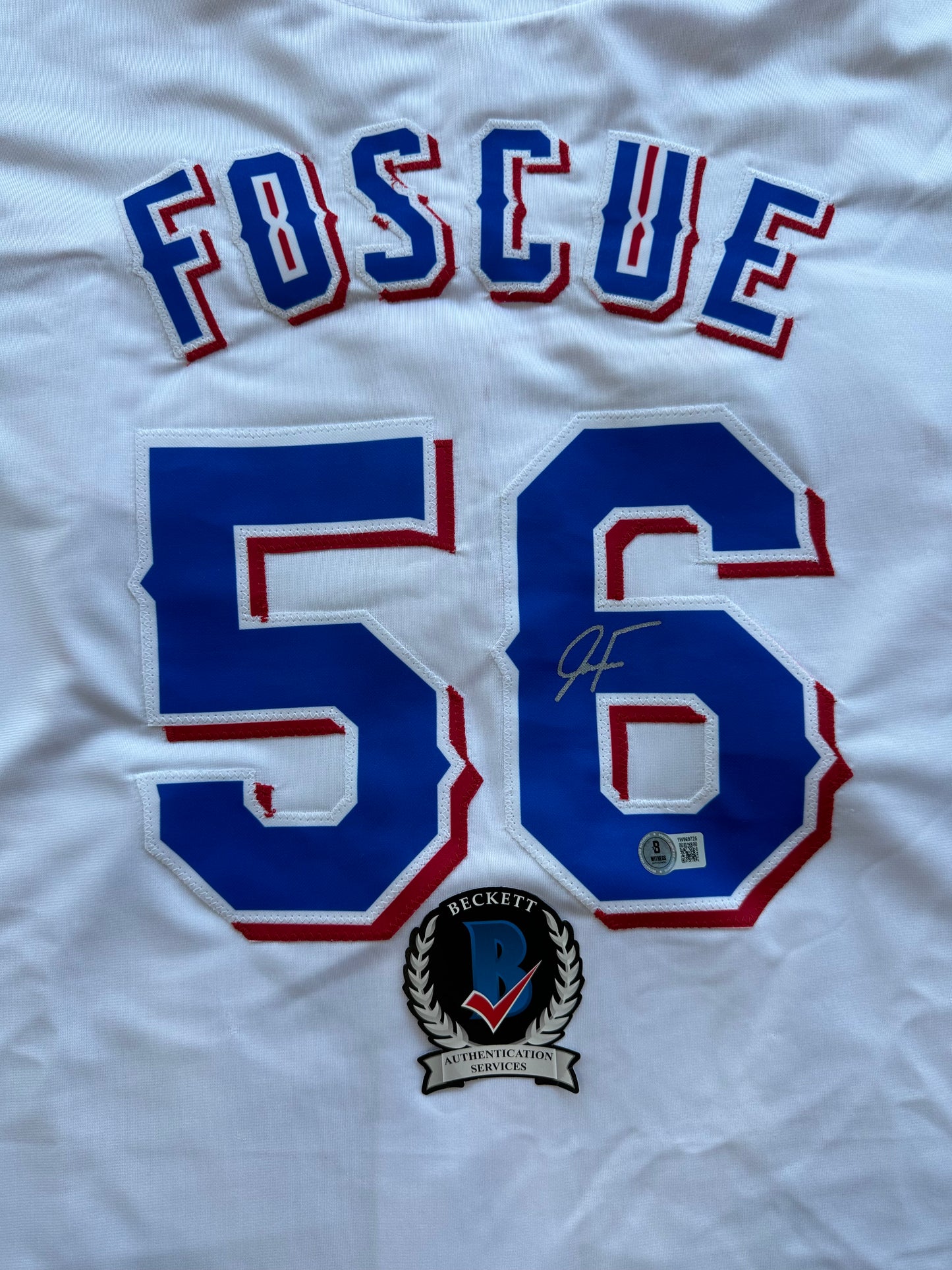 JUSTIN FOSCUE TEXAS RANGERS SIGNED White JERSEY XL BAS COA