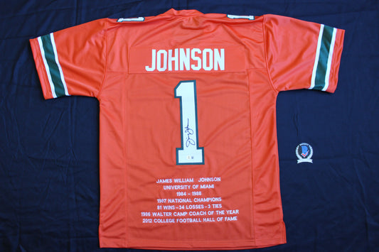 JIMMY JOHNSON SIGNED STAT FOOTBALL JERSEY MIAMI HURRICANES Cowboys BAS COA