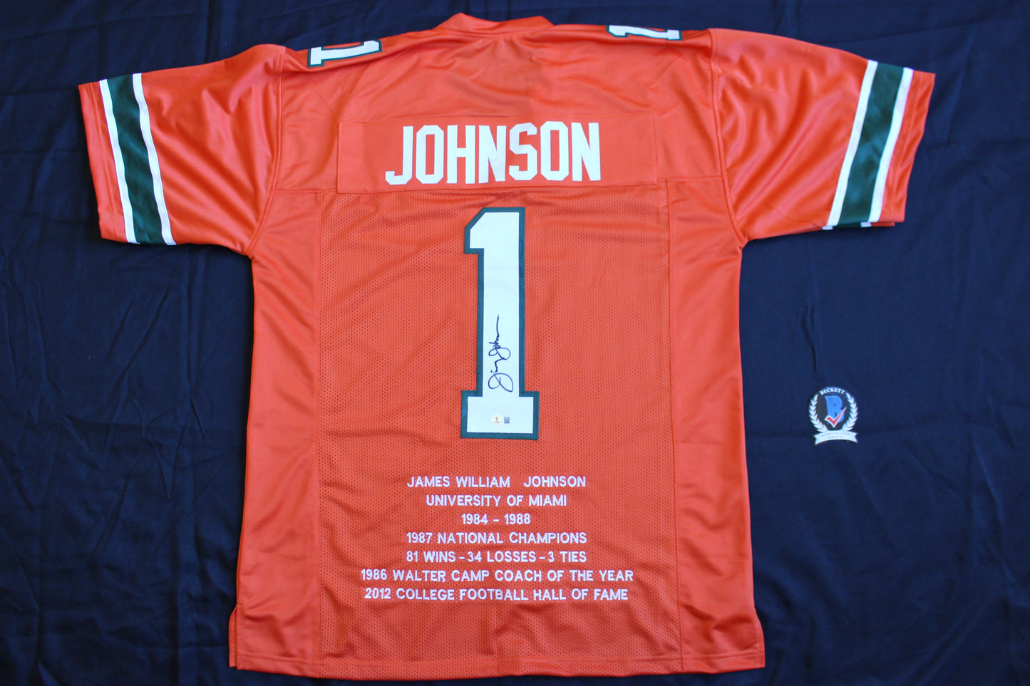 JIMMY JOHNSON SIGNED STAT FOOTBALL JERSEY MIAMI HURRICANES Cowboys BAS COA