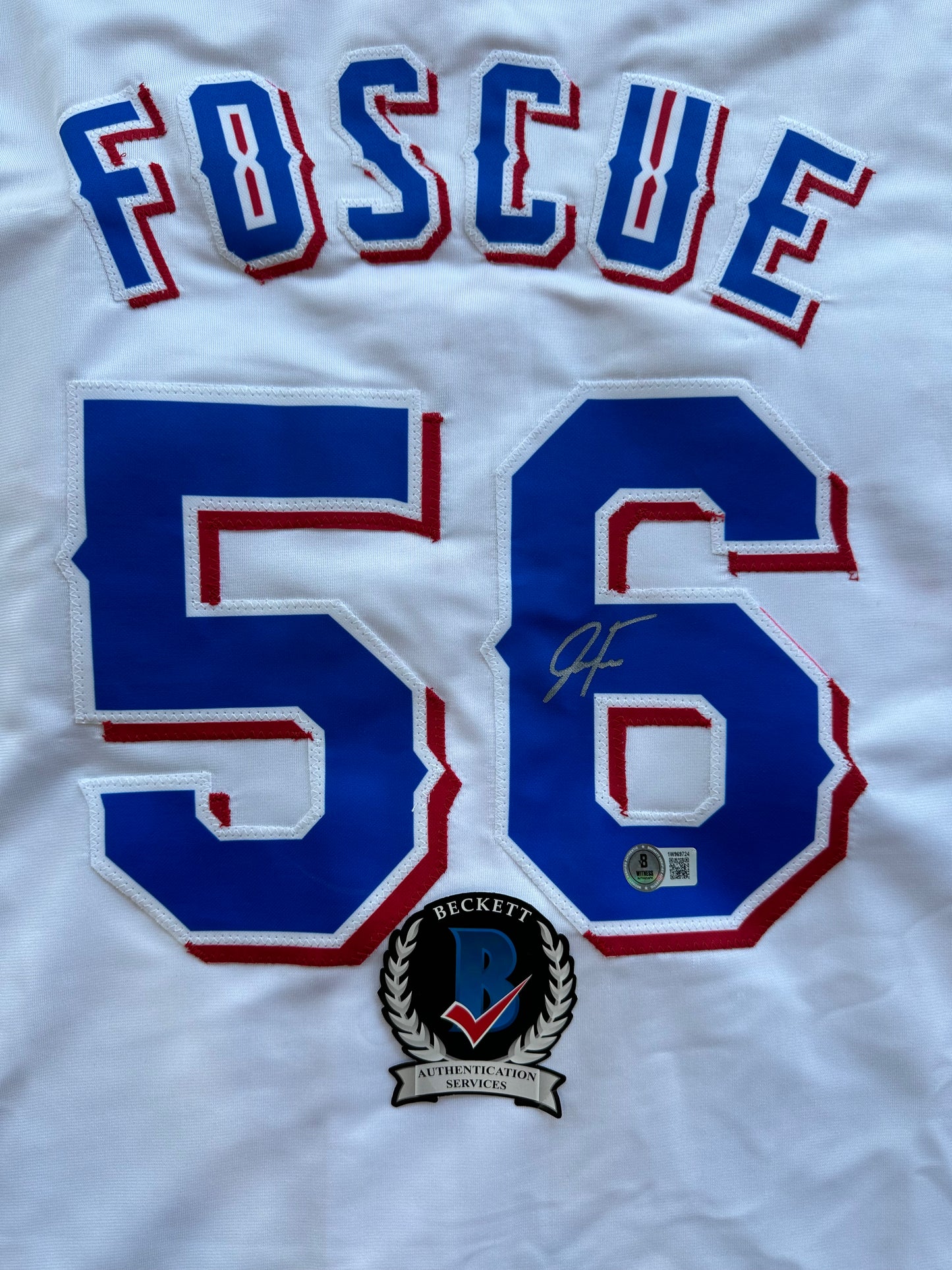 JUSTIN FOSCUE TEXAS RANGERS SIGNED White JERSEY XL BAS COA