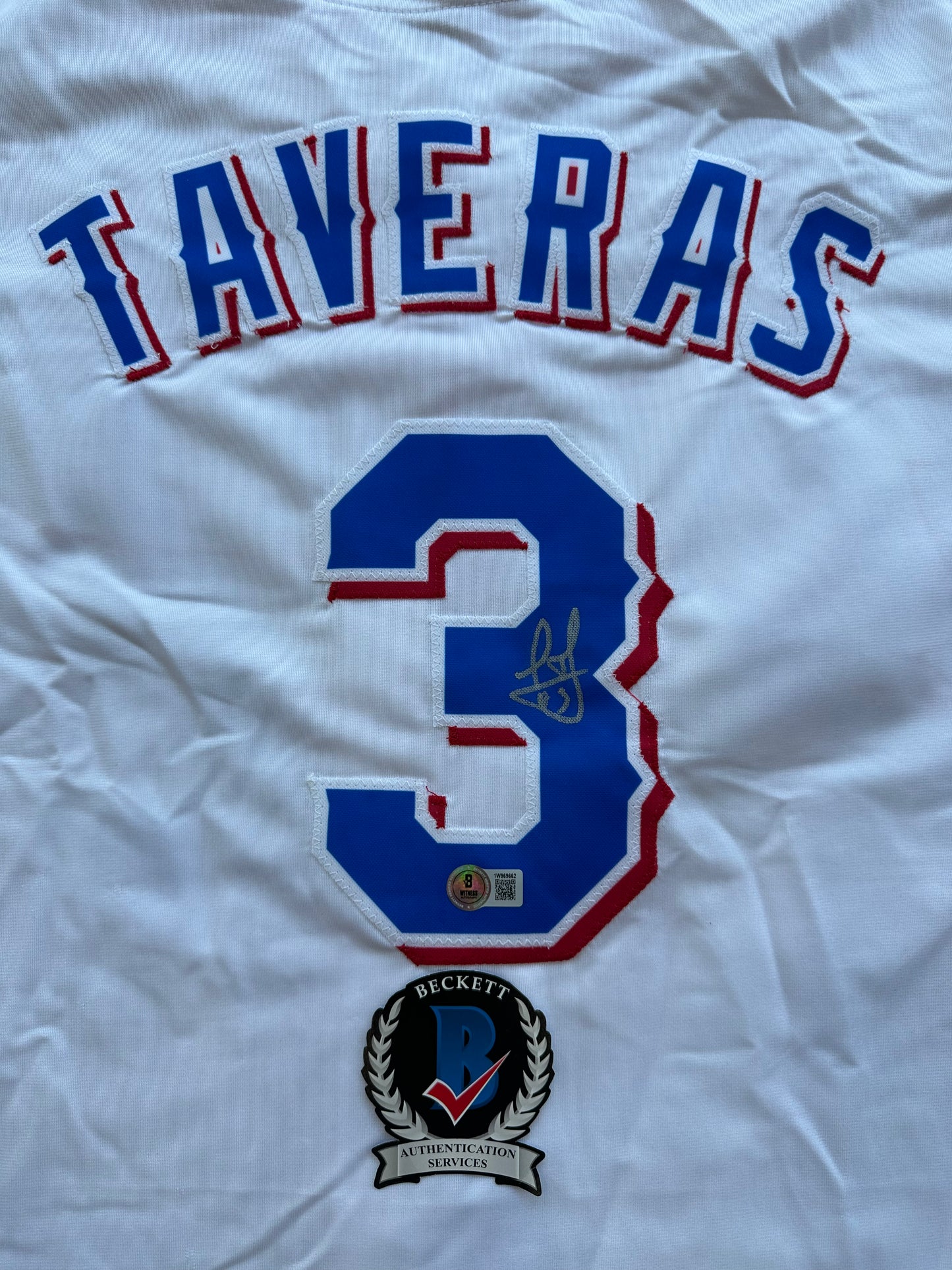 LEODY TAVERAS TEXAS RANGERS SIGNED WHITE JERSEY size XL BAS COA