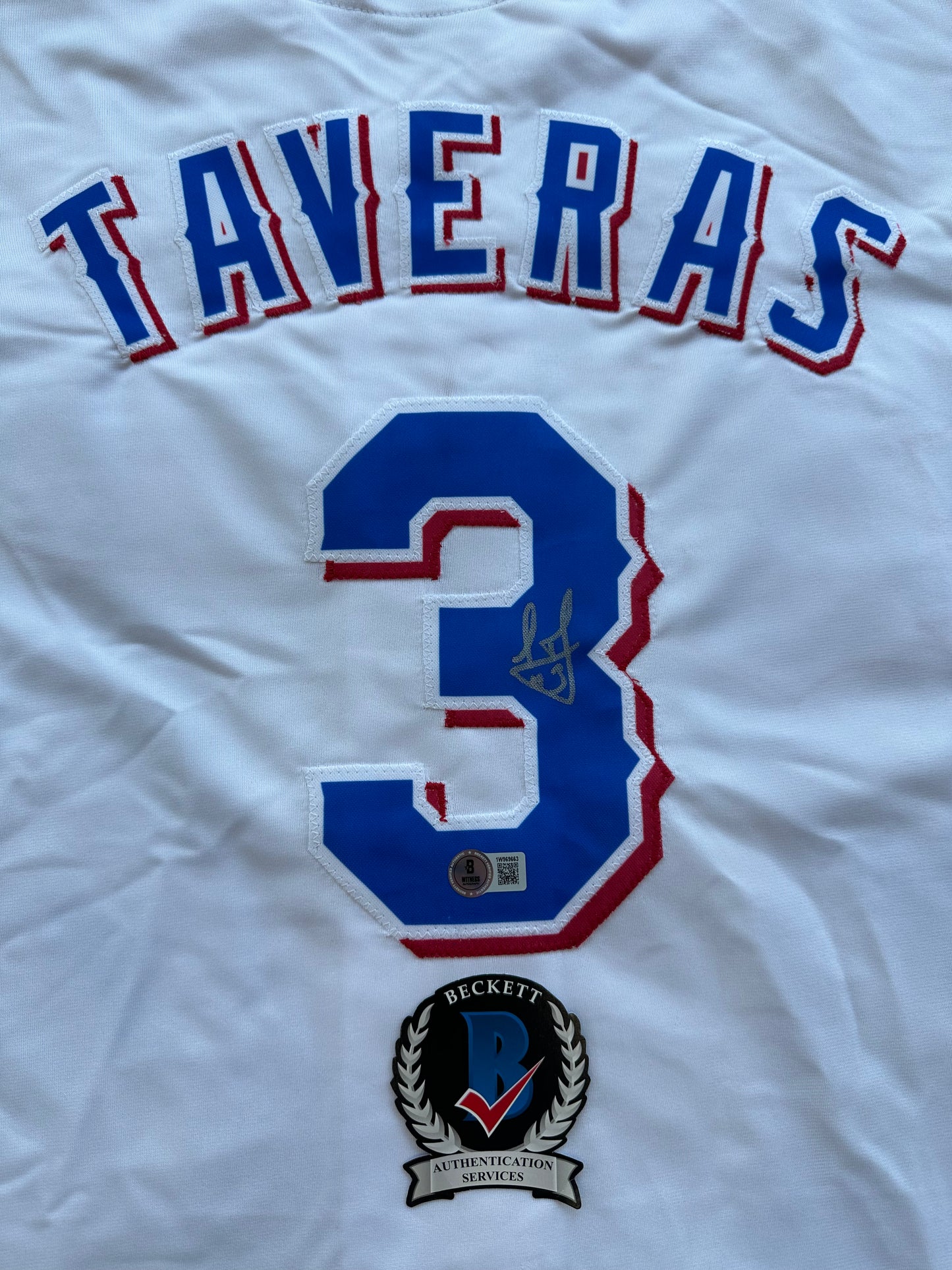 LEODY TAVERAS TEXAS RANGERS SIGNED WHITE JERSEY size XL BAS COA