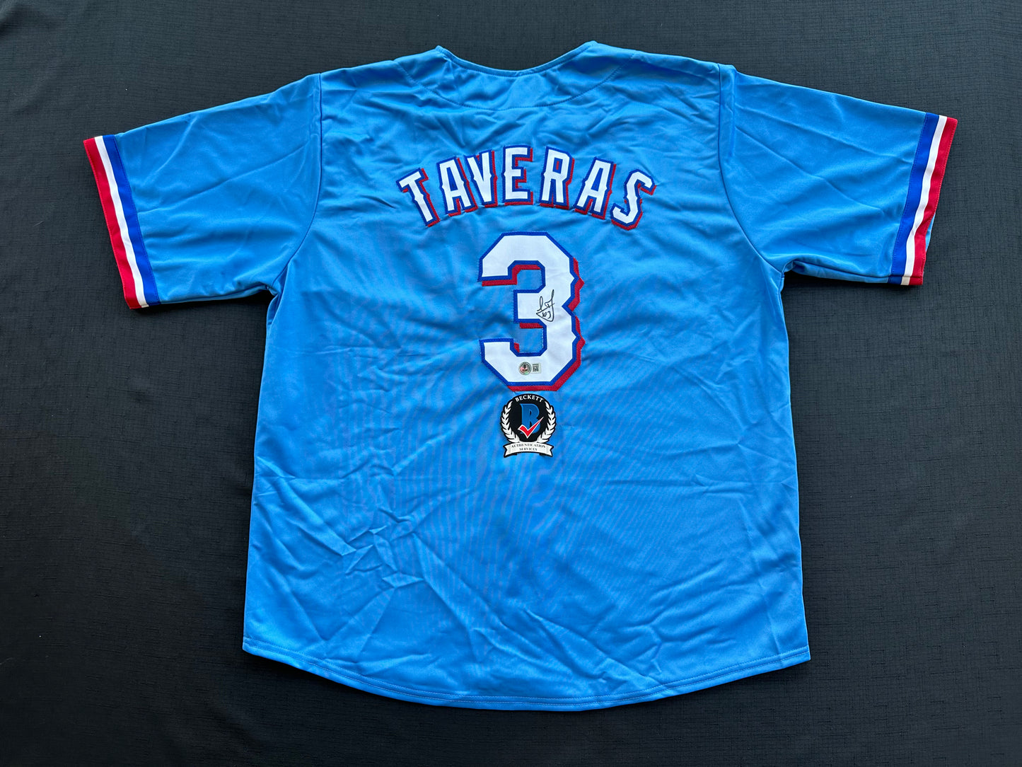 LEODY TAVERAS TEXAS RANGERS SIGNED Light Blue JERSEY size XL BAS COA