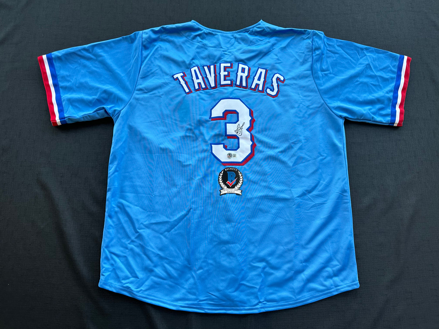 LEODY TAVERAS TEXAS RANGERS SIGNED Light Blue JERSEY size XL BAS COA