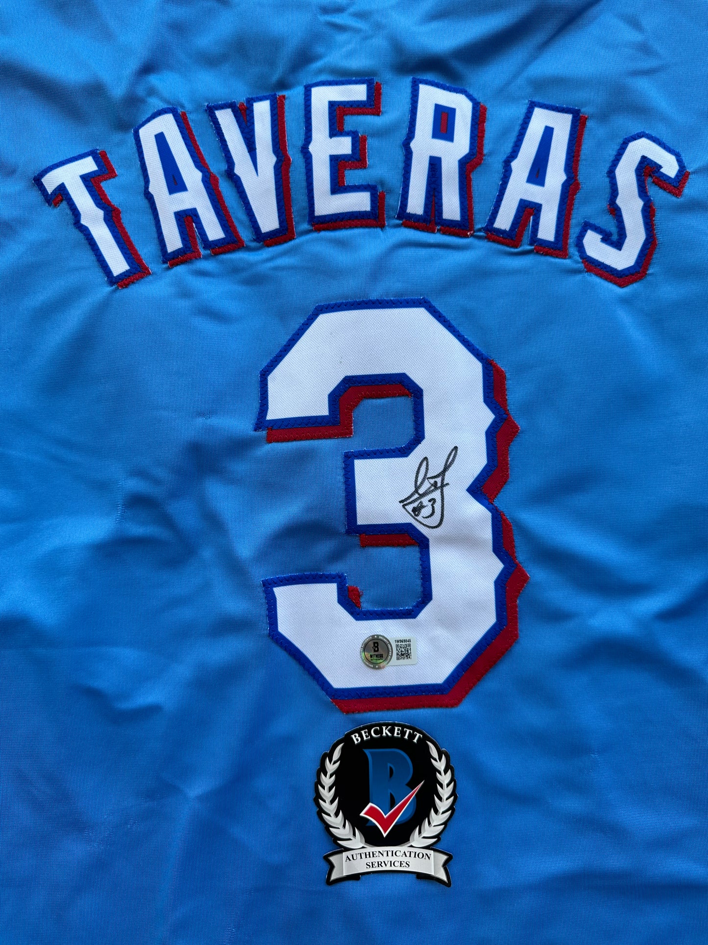 LEODY TAVERAS TEXAS RANGERS SIGNED Light Blue JERSEY size XL BAS COA