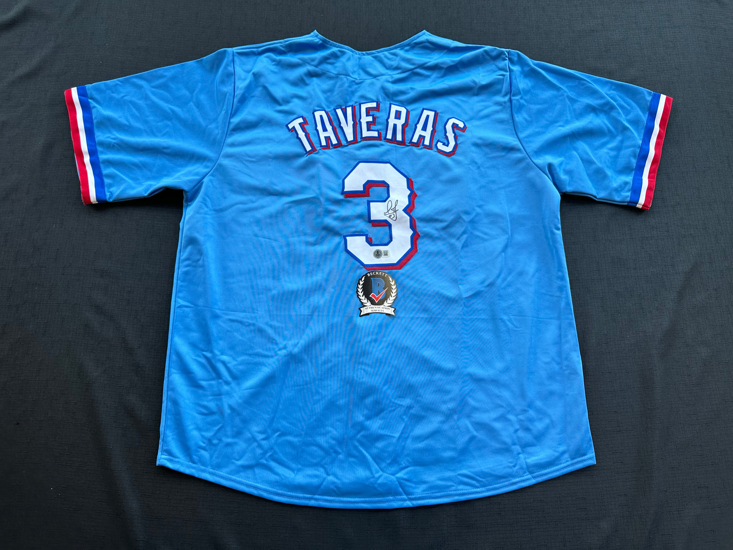 LEODY TAVERAS TEXAS RANGERS SIGNED Light Blue JERSEY size XL BAS COA