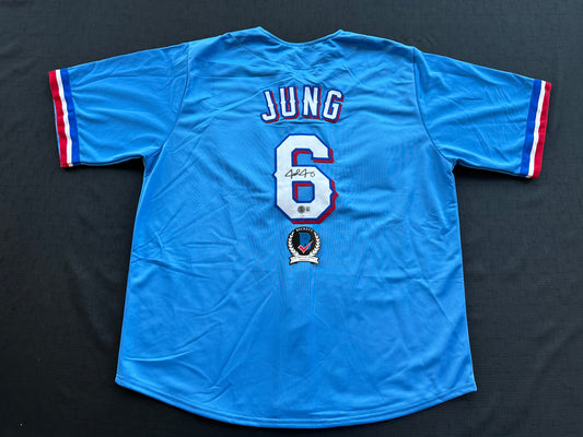 JOSH JUNG TEXAS RANGERS SIGNED Light Blue JERSEY XL BAS COA