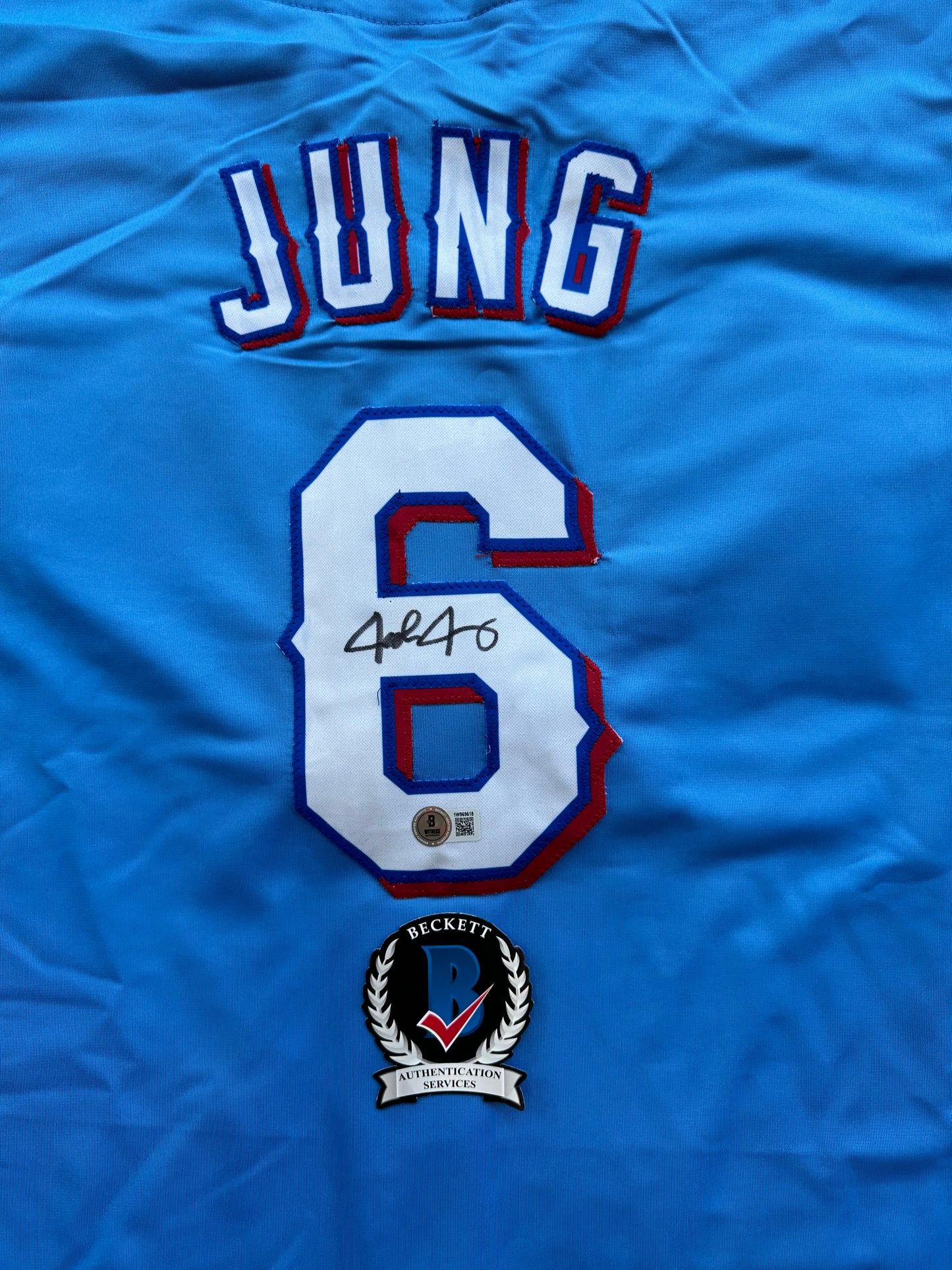 JOSH JUNG TEXAS RANGERS SIGNED Light Blue JERSEY XL BAS COA