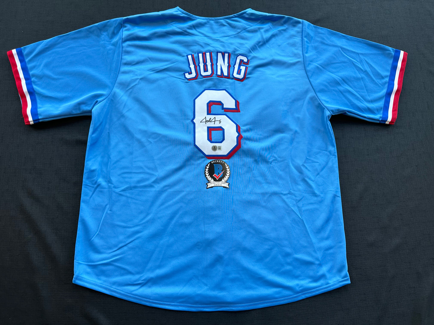JOSH JUNG TEXAS RANGERS SIGNED Light Blue JERSEY XL BAS COA