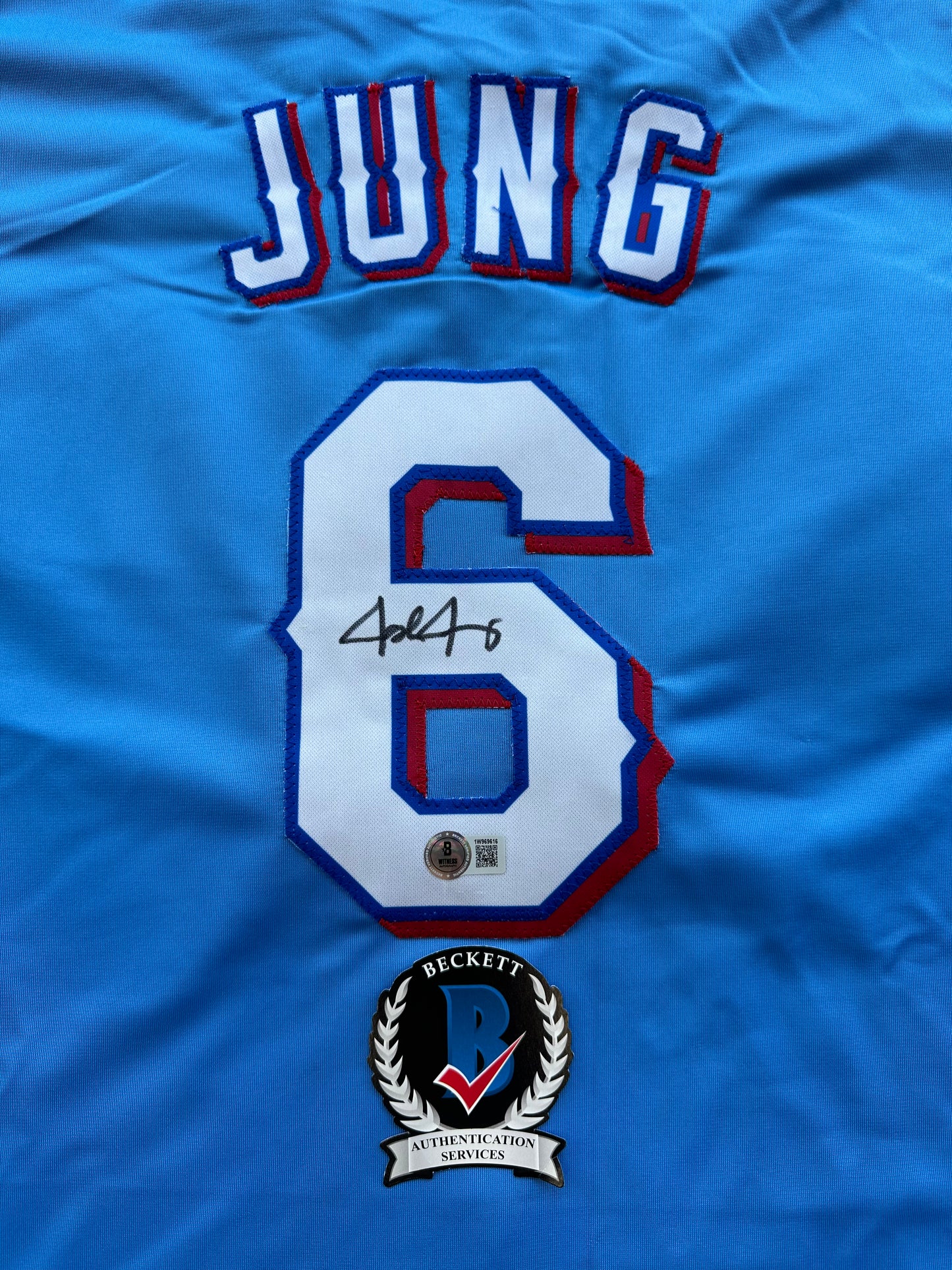 JOSH JUNG TEXAS RANGERS SIGNED Light Blue JERSEY XL BAS COA