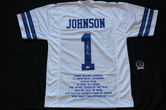 JIMMY JOHNSON SIGNED STAT FOOTBALL HOME JERSEY Dallas Cowboys MIAMI BAS COA