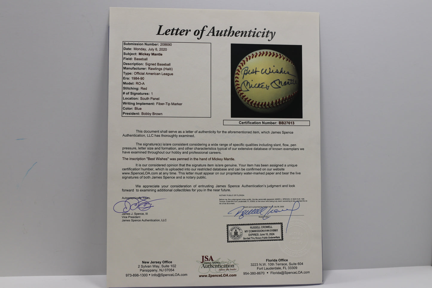 MICKEY MANTLE SIGNED RAWLINGS OAL BASEBALL w/INSC NEW YORK YANKEES JSA