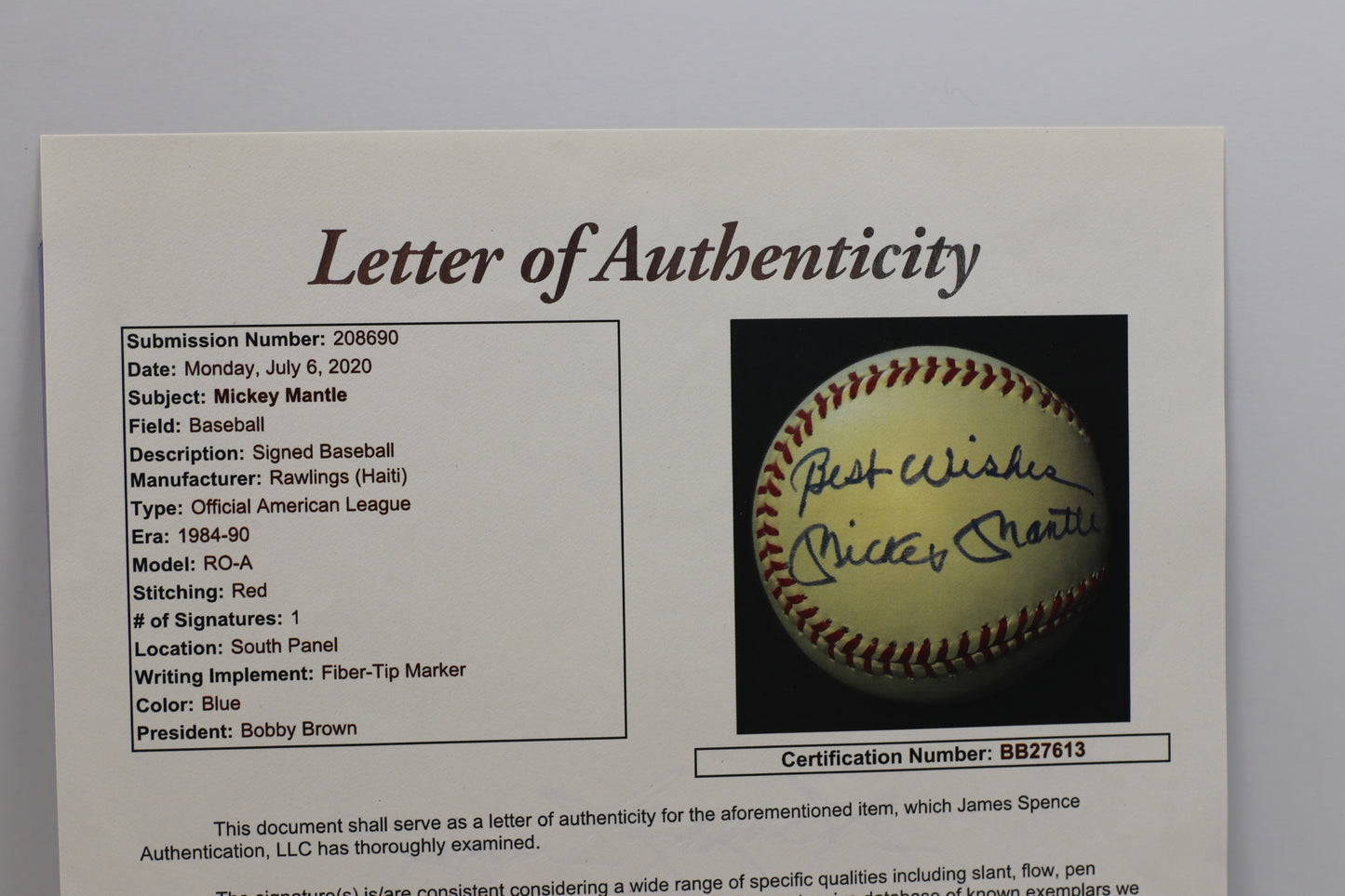 MICKEY MANTLE SIGNED RAWLINGS OAL BASEBALL w/INSC NEW YORK YANKEES JSA