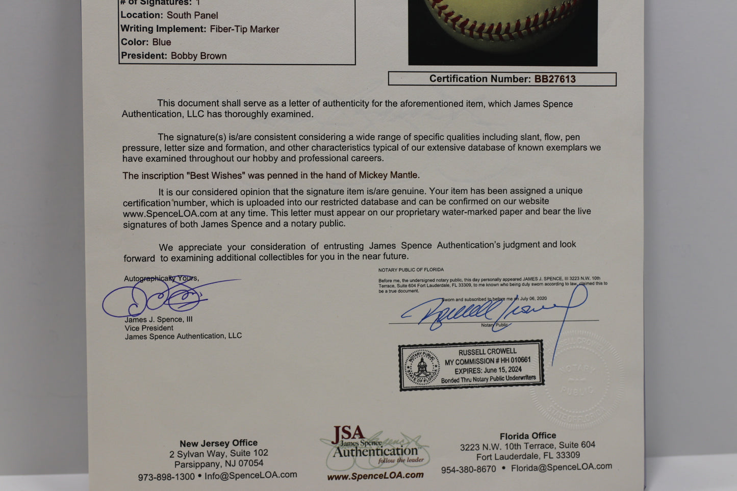 MICKEY MANTLE SIGNED RAWLINGS OAL BASEBALL w/INSC NEW YORK YANKEES JSA