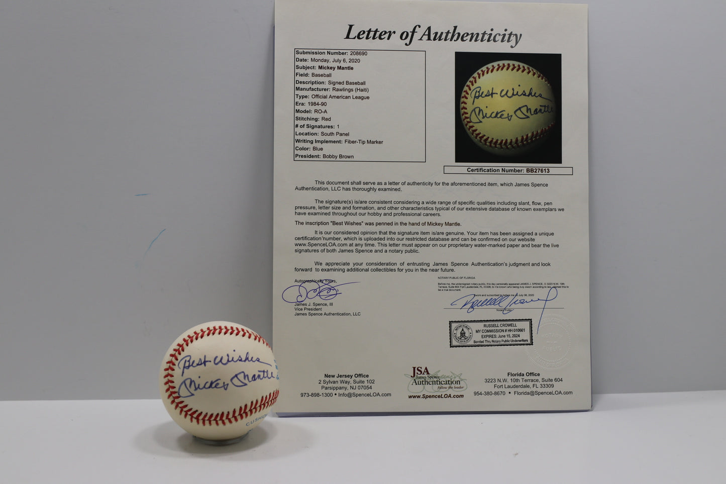 MICKEY MANTLE SIGNED RAWLINGS OAL BASEBALL w/INSC NEW YORK YANKEES JSA