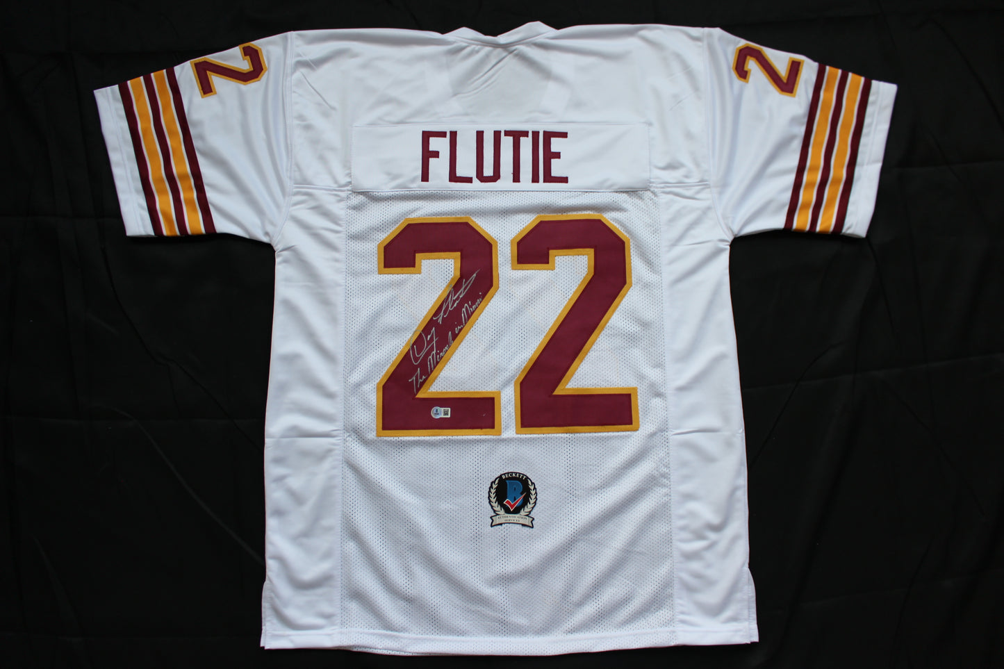 DOUG FLUTIE BOSTON COLLEGE EAGLES SIGNED FOOTBALL JERSEY w/"Miracle in Miami" Bills BAS COA