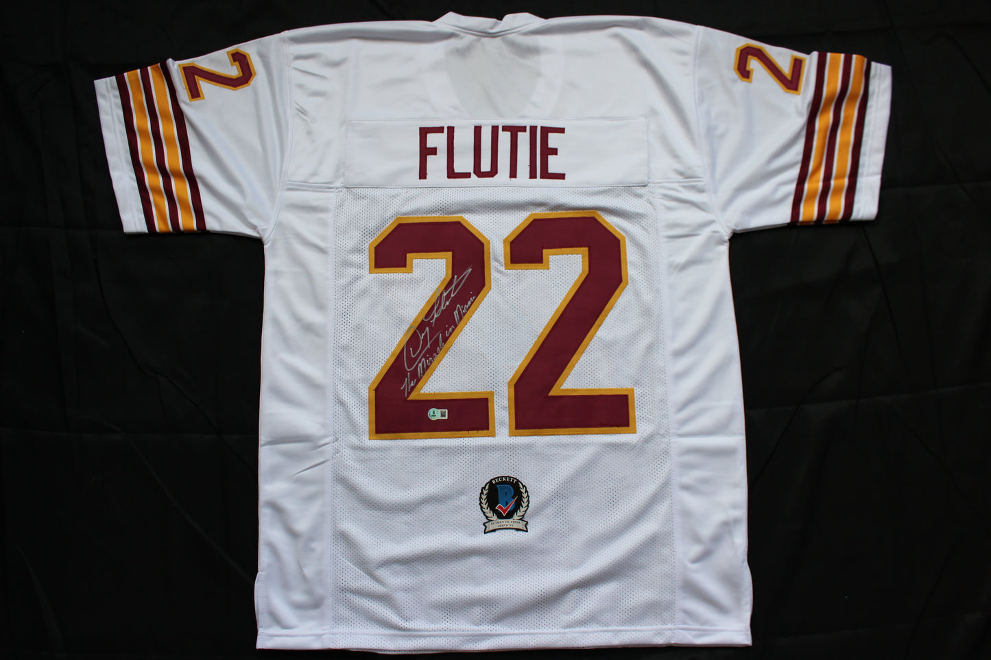 DOUG FLUTIE BOSTON COLLEGE EAGLES SIGNED FOOTBALL JERSEY w/"Miracle in Miami" Bills BAS COA