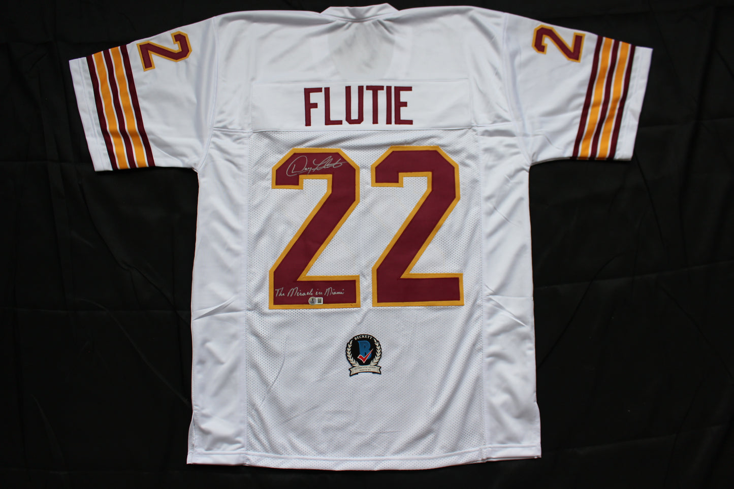 DOUG FLUTIE BOSTON COLLEGE EAGLES SIGNED FOOTBALL JERSEY w/"Miracle in Miami" Patriots BAS COA