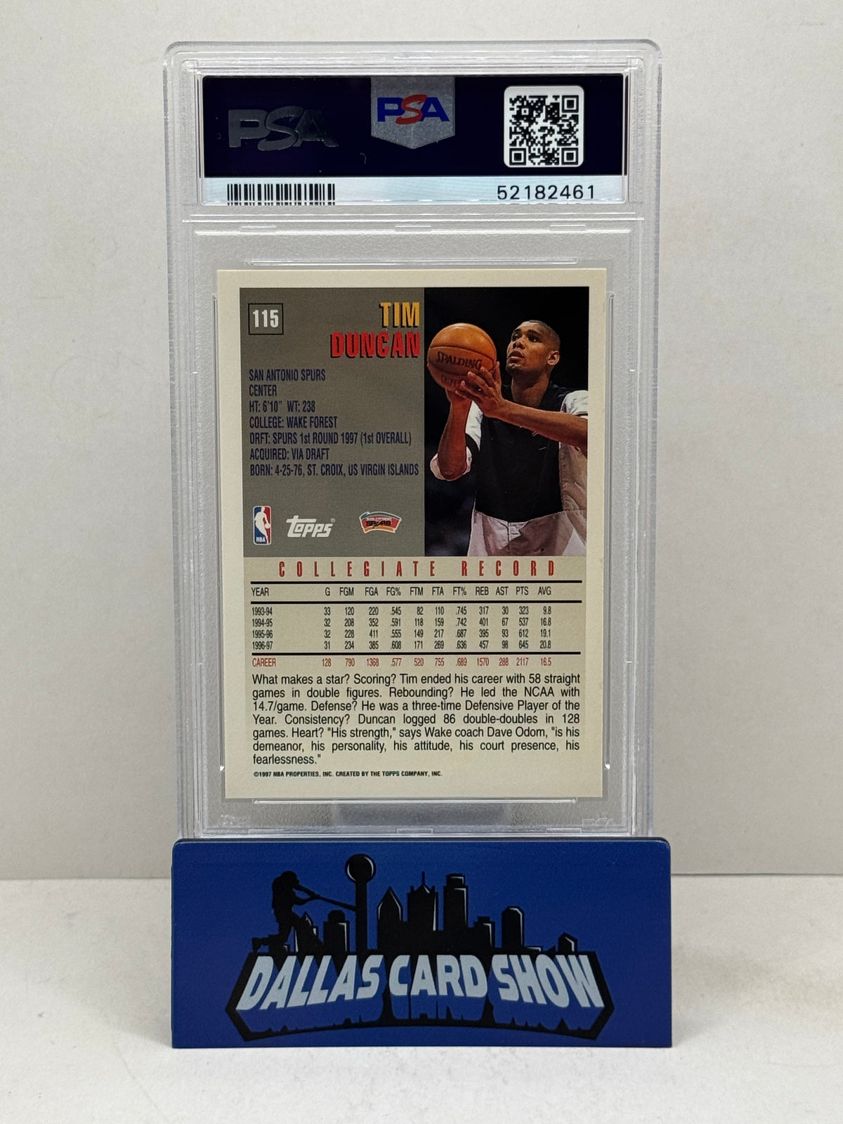 1997 Topps #115 Tim Duncan Rookie RC PSA 10