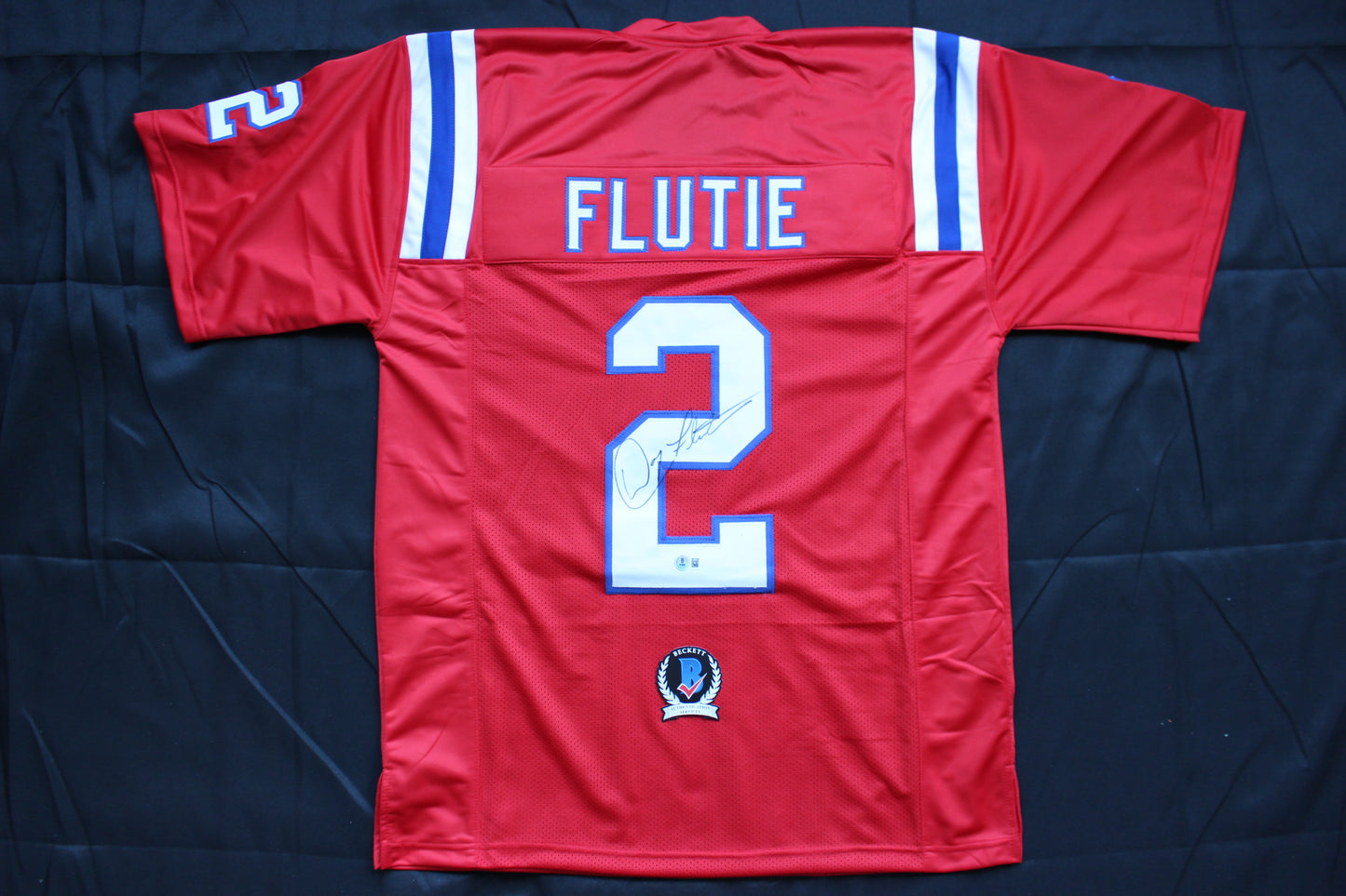 DOUG FLUTIE NEW ENGLAND PATRIOTS SIGNED FOOTBALL JERSEY Boston College Bills BAS COA