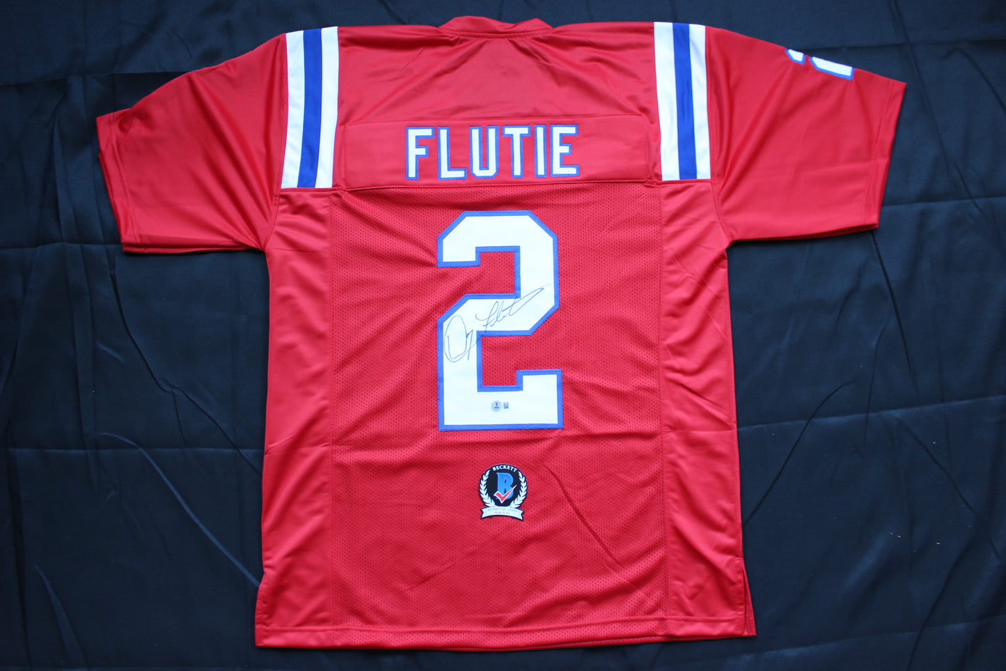 DOUG FLUTIE NEW ENGLAND PATRIOTS SIGNED FOOTBALL JERSEY Boston College Bills BAS COA