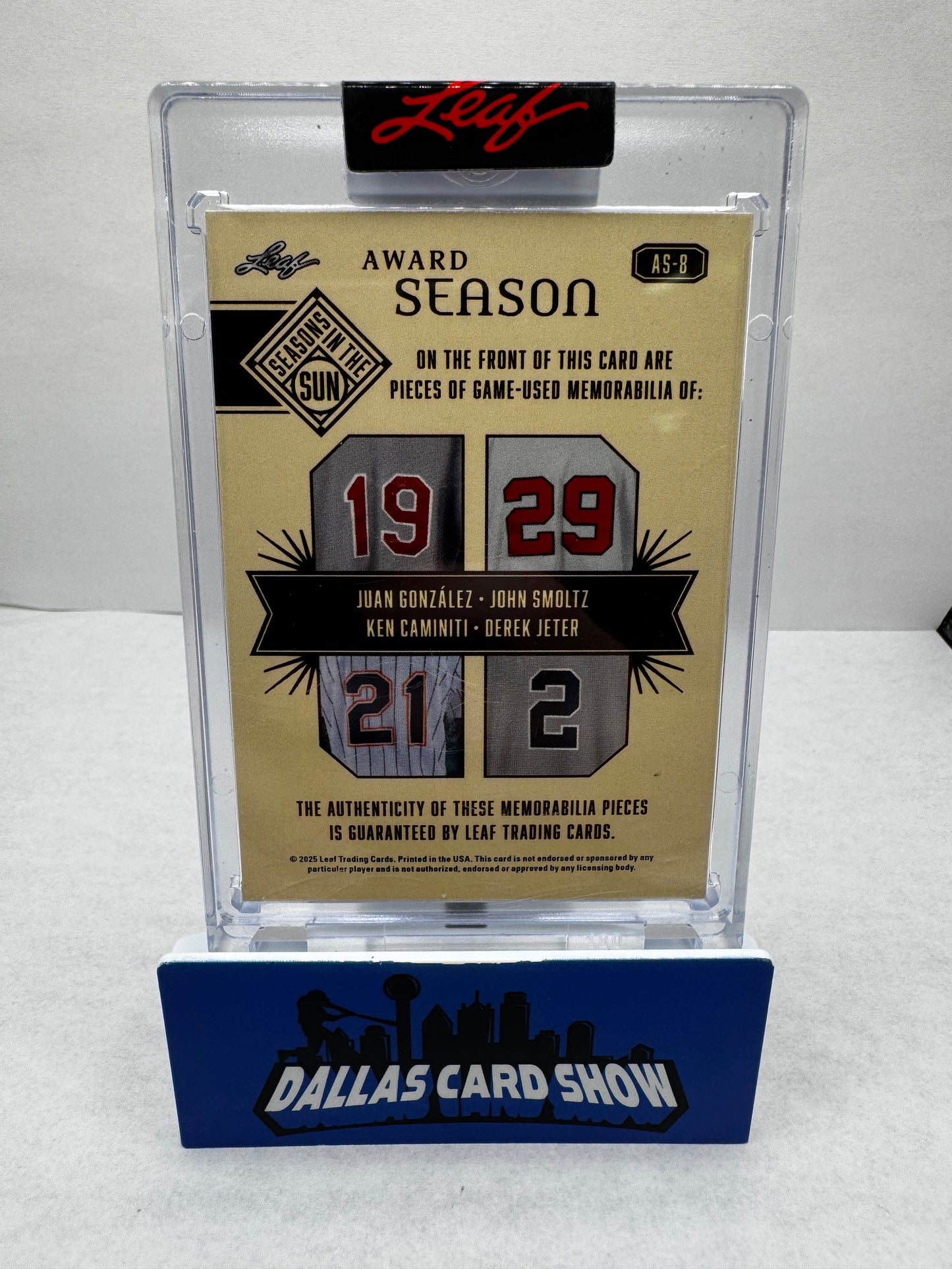 2025 Leaf Seasons in the Sun 1996 Award Season #5/5 Juan Gonzalez/John Smoltz/Ken Caminiti/Derek Jeter Game Used Jersey Card