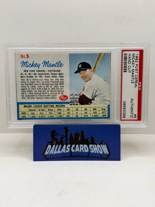 1962 Post Cereal #5 Mickey Mantle Hand Cut PSA Authentic