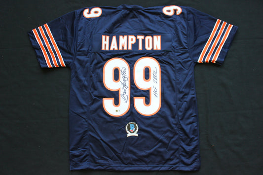DAN HAMPTON CHICAGO BEARS SIGNED DARK NAVY JERSEY w/HOF 2002 Arkansas BAS