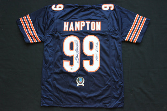 DAN HAMPTON CHICAGO BEARS SIGNED DARK NAVY JERSEY w/HOF 2002 Arkansas BAS