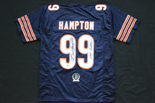 DAN HAMPTON CHICAGO BEARS SIGNED DARK NAVY JERSEY w/HOF 2002 Arkansas BAS
