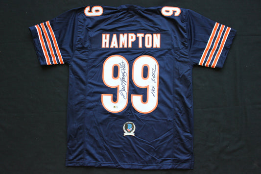 DAN HAMPTON CHICAGO BEARS SIGNED DARK NAVY JERSEY w/HOF 2002 Arkansas BAS