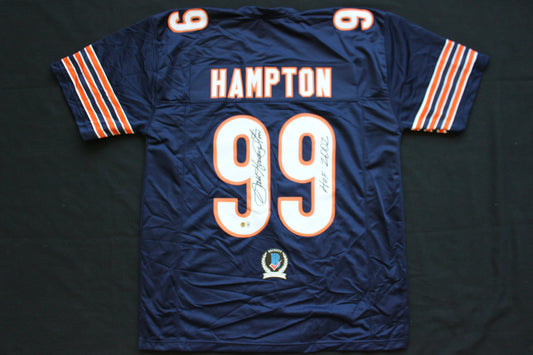 DAN HAMPTON CHICAGO BEARS SIGNED DARK NAVY JERSEY w/HOF 2002 Arkansas BAS
