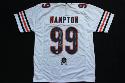 DAN HAMPTON CHICAGO BEARS SIGNED WHITE HOME JERSEY w/HOF 2002 Arkansas BAS