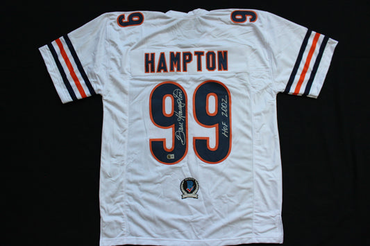 DAN HAMPTON CHICAGO BEARS SIGNED WHITE HOME JERSEY w/HOF 2002 Arkansas BAS
