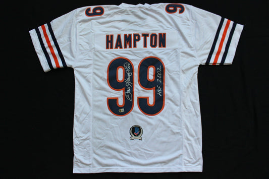 DAN HAMPTON CHICAGO BEARS SIGNED WHITE HOME JERSEY w/HOF 2002 Arkansas BAS
