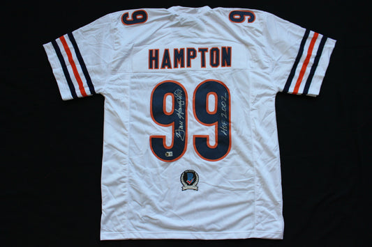 DAN HAMPTON CHICAGO BEARS SIGNED WHITE HOME JERSEY w/HOF 2002 Arkansas BAS