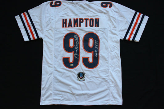 DAN HAMPTON CHICAGO BEARS SIGNED WHITE HOME JERSEY w/HOF 2002 Arkansas BAS