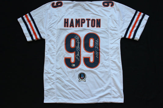 DAN HAMPTON CHICAGO BEARS SIGNED WHITE HOME JERSEY w/HOF 2002 Arkansas BAS