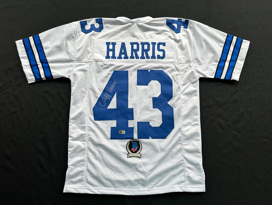 CLIFF HARRIS DALLAS COWBOYS SIGNED Medium WHITE JERSEY BAS COA