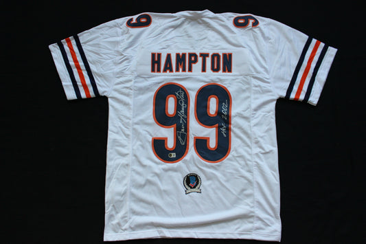 DAN HAMPTON CHICAGO BEARS SIGNED WHITE HOME JERSEY w/HOF 2002 Arkansas BAS