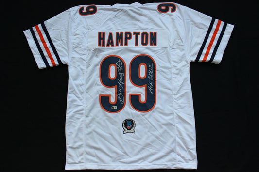 DAN HAMPTON CHICAGO BEARS SIGNED WHITE HOME JERSEY w/HOF 2002 Arkansas BAS